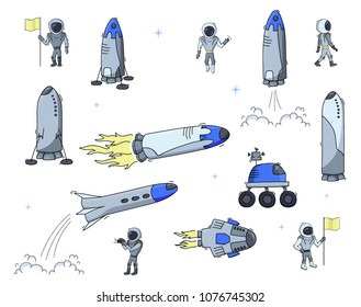 Set of vector illustrations of space objects: astronaut, comet, ship, rocket launch, shuttle, rover. Doodle cartoon outline space symbol. Collection of space vector icons. 