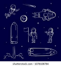Set of vector illustrations of space objects: astronaut, comet, shuttle, ship, rocket launch, rover, planet. Doodle cartoon outline space symbol. Collection of space vector icons. 