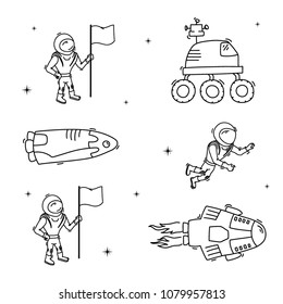 Set of vector illustrations of space objects: astronaut, comet, ship, rocket launch, shuttle, rover. Doodle cartoon outline space symbol. Collection of space vector icons. 