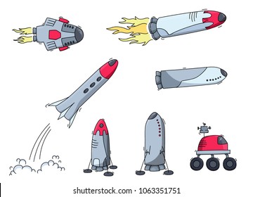 Set of vector illustrations of space ship, rocket, rover. Doodle cartoon outline space symbol. Collection of space shuttle vector icons.  