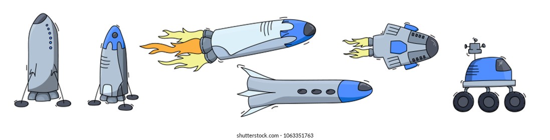 Set of vector illustrations of space ship, rocket, rover. Doodle cartoon outline space symbol. Collection of space shuttle vector icons.  