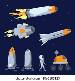 Set of vector illustrations of space ship, rocket, rover, astronaut. Doodle cartoon outline space symbol. Collection of space shuttle vector icons.  