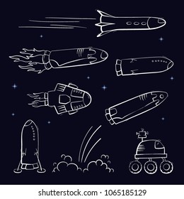 Set of vector illustrations of space ship, rocket, rover. Doodle cartoon outline space symbol. Collection of space shuttle vector icons.  