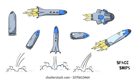 Set of vector illustrations of space ship - rocket. Doodle cartoon outline space symbol. Collection of space shuttle vector icons.  