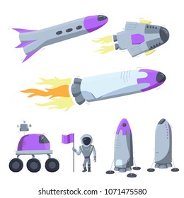 Set of vector illustrations of space ship, rocket, rover, astronaut. Doodle cartoon outline space symbol. Collection of space shuttle vector icons.  