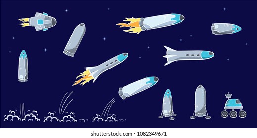 Set of vector illustrations of space ship, rocket, rover. Doodle cartoon outline space symbol. Collection of space shuttle vector icons.  