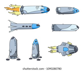 Set of vector illustrations of space ship - rocket. Doodle cartoon outline space symbol. Collection of space shuttle vector icons.  