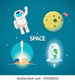 Set of vector illustrations of space theme. Spaceman, moon with flag of USA, rocket launch and cute, green alien in UFO.