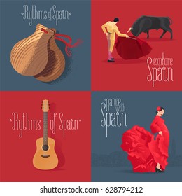 Set of vector illustrations with Spanish symbols: flamenco dancer, Spanish guitar, bull fighter. Design clip-art element for visit Spain concept