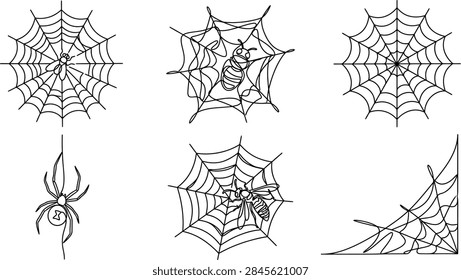Set of vector illustrations of spider webs and insects in line art style