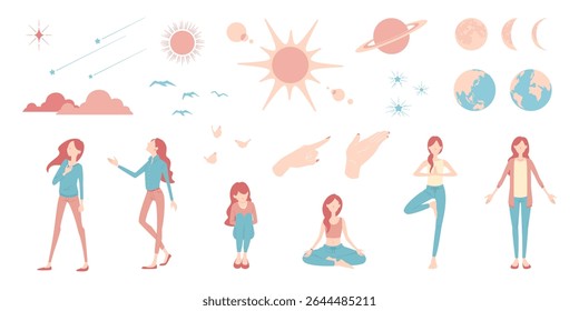 Set of vector illustrations with spiritual and cosmic motifs such as earth, planet, sun, and open-hearted women meditating or doing yoga.