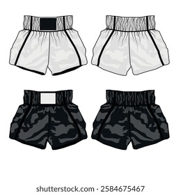 Set of vector illustrations of sport shorts for mai tai boxing, front and back view. Sketch of short, wide shorts on elastic waistband, black and white colors. Template of athletic shorts 