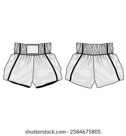 Set of vector illustrations of sport shorts for mai tai boxing, front and back view. Sketch of short, wide shorts on elastic waistband, gray color. Template of athletic shorts made of nylon 