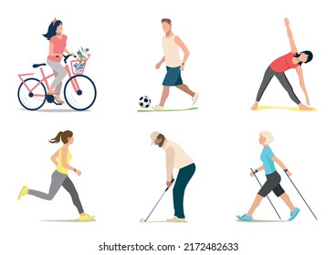 Set of vector illustrations of sports people. Cyclist, golfer, runner, soccer player, gymnastics and Nordic walking. Healthy lifestyle. Flat style.