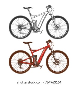 Set of vector illustrations of a sporty, high-speed, racing red bike and a black and white color with large wheels and gears, isolated on a white background.