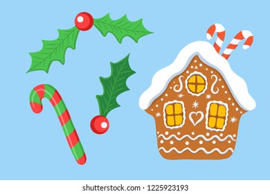 set of vector illustrations: sprig of mistletoe (hollow), candy cane, gingerbread house. Ideal for new year decoration, decor, wrapping paper and fabric