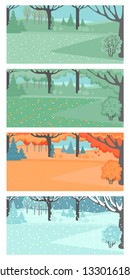 Set of vector illustrations of spring, summer, autumn and winter landscapes. Garden or park with a meadow in different weathers