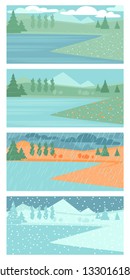 Set of vector illustrations of spring, summer, autumn and winter landscapes with with lakes and trees. Different weather