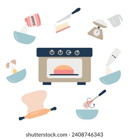 Conjunto de ilustraciones vectoriales de las etapas de preparación de un pastel. Mezcla de ingredientes para la masa, pastelería. Pie en el horno. Receta de postre, instrucciones de cocción para el concepto de pastel.