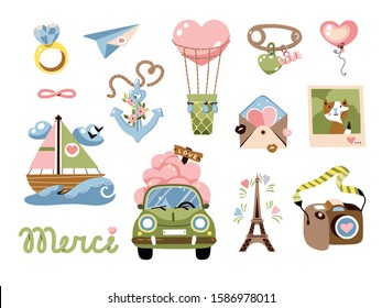 Set of vector illustrations. Stickers for Valentine's Day.