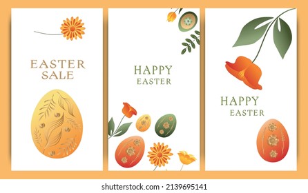 Set of vector illustrations, story templates, postcards, Easter theme, rabbits, wreaths and flowers, Easter eggs. Gradient, postcards with words, wishes for happy Easter
