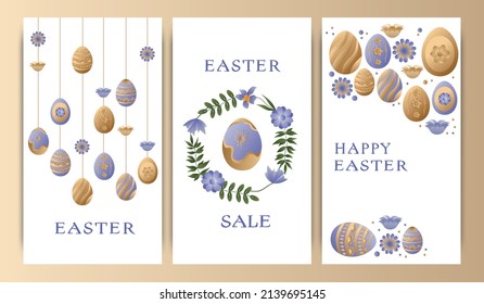Set of vector illustrations, story templates, postcards, Easter theme, rabbits, wreaths and flowers, Easter eggs. Gradient, postcards with words, wishes for happy Easter