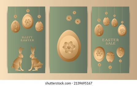 Set of vector illustrations, story templates, postcards, Easter theme, rabbits, wreaths and flowers, Easter eggs. Gradient, postcards with words, wishes for happy Easter