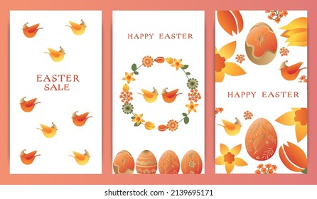 Set of vector illustrations, story templates, postcards, Easter theme, rabbits, wreaths and flowers, Easter eggs. Gradient, postcards with words, wishes for happy Easter