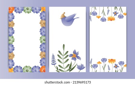 Set of vector illustrations, story templates, postcards, floral theme, spring and summer. Stylish trendy illustrations