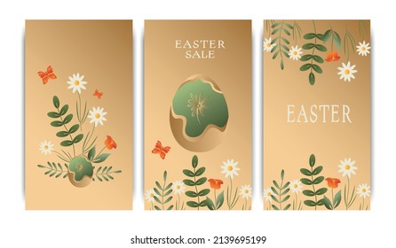 Set of vector illustrations, story templates, postcards, Easter theme, rabbits, wreaths and flowers, Easter eggs. Gradient, postcards with words, wishes for happy Easter