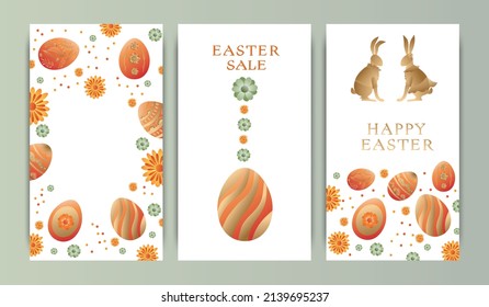 Set of vector illustrations, story templates, postcards, Easter theme, rabbits, wreaths and flowers, Easter eggs. Gradient, postcards with words, wishes for happy Easter