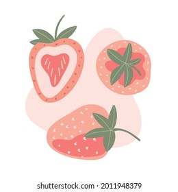 set of vector illustrations with strawberries on a pink background in doodle style