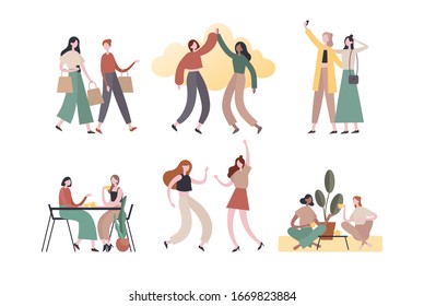 Set of vector illustrations with stylish modern women in casual clothes communicating and having fun while doing various past time activities together