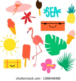 set of vector illustrations summer, beach, hat, swimsuit, ice cream, vacation, suitcases