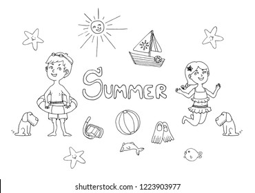 Set of vector illustrations of summer, children on the beach, holidays at sea