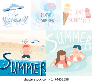 Set of vector illustrations. Summer holidays background design. Flat cartoon vector.  Drawings of people in ocean, swimming, playing, yelling, ice cream, parasol, jellyfish.