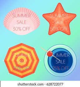 Set Of Vector Illustrations Of The Summer Sale Text On A Shell, Star, Umbrella And Cocktail. Top View.