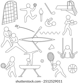 Set of vector illustrations for summer sports. Sketch. Outline on isolated background. Doodle style. Collection of sports games. Handball, gymnastics on the balance beam and rings, hockey stick.