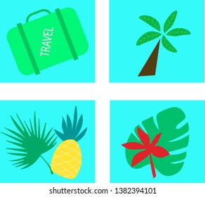 
set of vector illustrations summer, vacation, suitcase, palm, tropics, pineapple