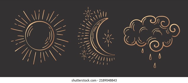 Conjunto de ilustraciones vectoriales: sol, luna, nube, magia. Oro sobre símbolos negros mágico, esotérico, místico, meteorológico