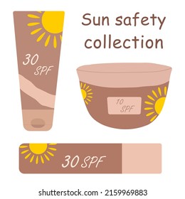 Set of vector illustrations with sunscreen. Sunscreen. Face sun protection. Set of vector illustrations with sunscreen. Sunscreen. Face sun protection