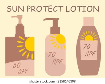 Set of vector illustrations with sunscreens for the body with different levels of spf protection. beige-brown tan tones, with yellow sun