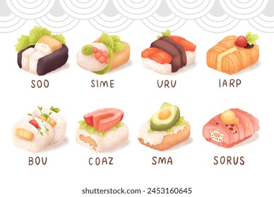 Set of vector illustrations of sushi and rolls. Asian food. Set of sushi isolated on white background.