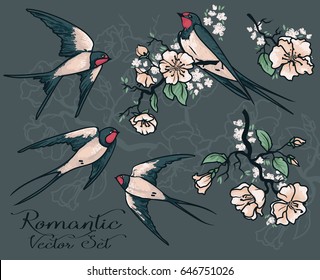 Set of vector illustrations: swallows and blooming tree branches, sketch style