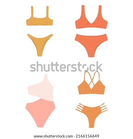 Set of vector illustrations with swimsuits in orange colors, swimwear set