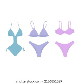 Set of vector illustrations with swimsuits in purple shades, bikinis and one piece swimsuits