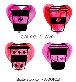 Set of vector illustrations of take away coffee cups. Black outlines and bright colorful textured hearts. Hand drawn doodle sketches of coffee to go.
