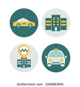 A set of Vector illustrations of the taxi service. Taxi car, taxi service, taxi company.