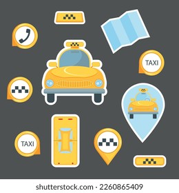 Eine Reihe von Vektorgrafiken des Taxidienstes.  Taxi-Auto, Taxi-Service, Taxi-bezogene Schilder