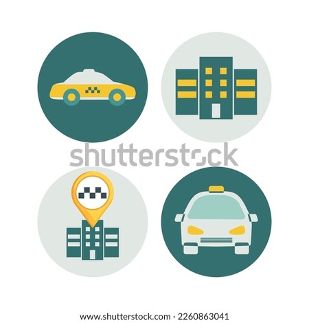 A set of Vector illustrations of the taxi service. Taxi car, taxi service, taxi company.